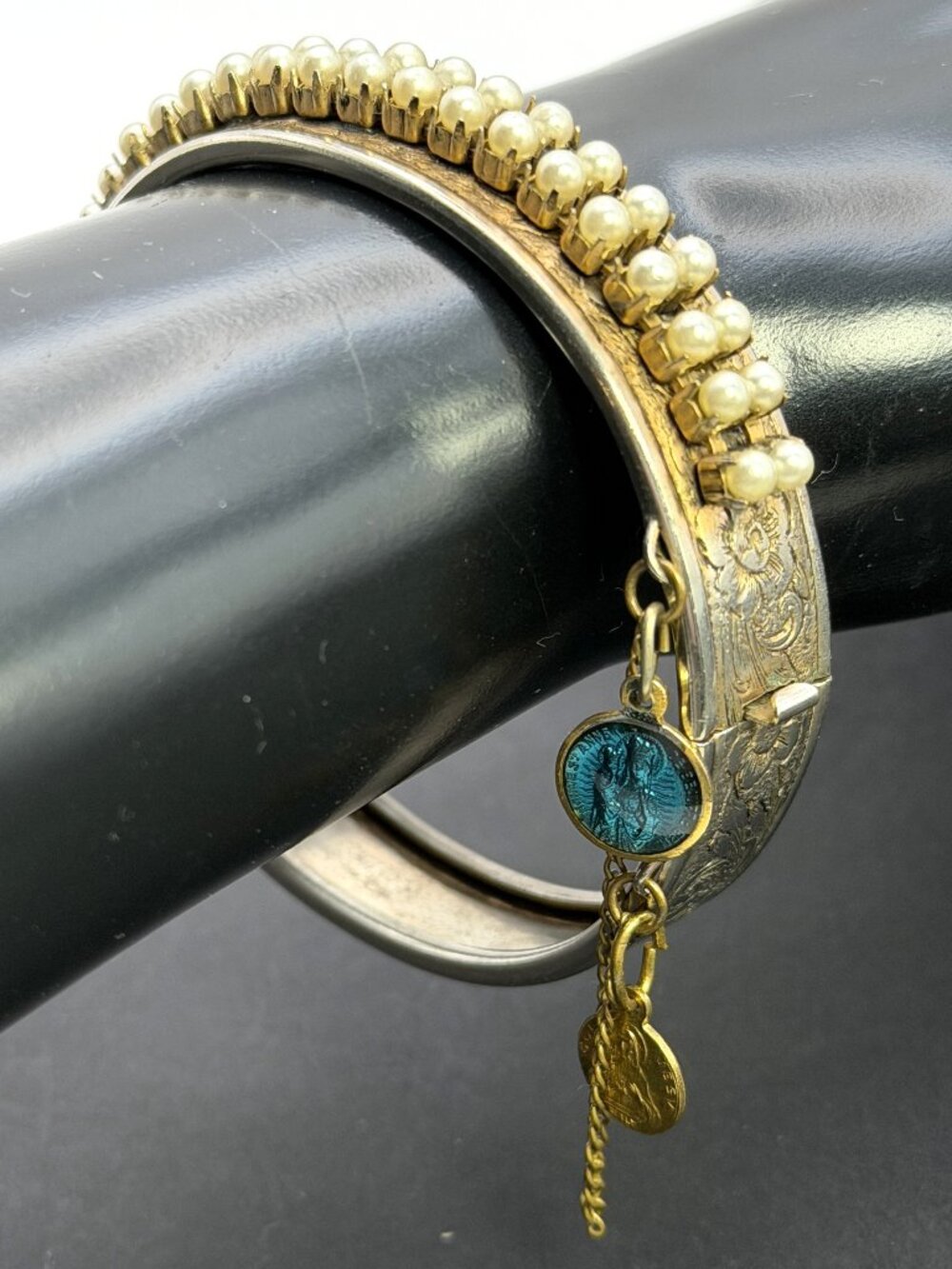Vintage Catholic Charm Bracelet French Italy Religious Metal Bangle Hinged